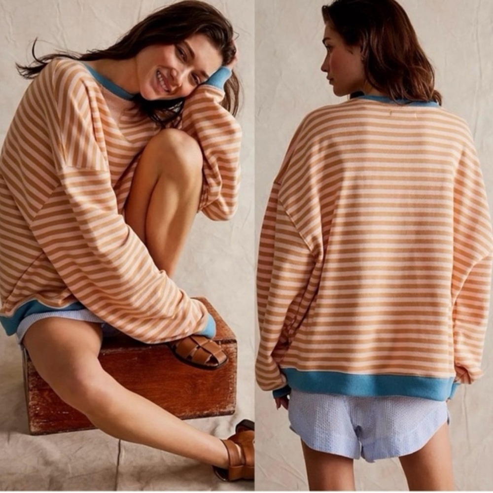 Free People/ We the Free Classic Striped Crew Latte Peach Blue Combo Size Large
